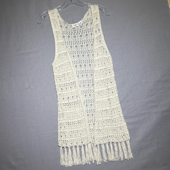 Crochet cardigan open knit long fringed Coachella country southwestern ivory L - Picture 2 of 10